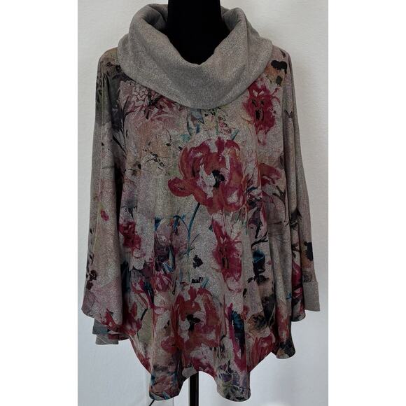 Passports Tops - Passports Gray Floral Cowl Neck Batwing Poncho Size XL NWT